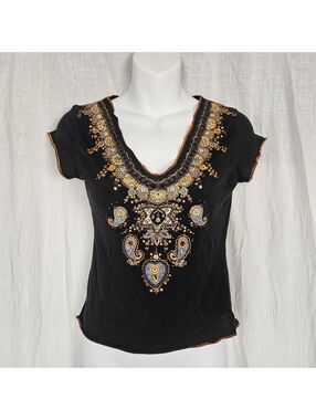 Vintage Y2K Energie Glitter & Beaded Mandala V Neck, Small